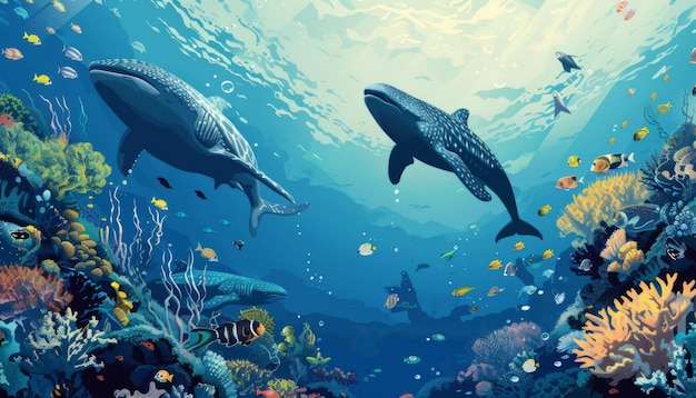 The ocean and underwater world with different inhabitants Marine Life Landscape Sea world