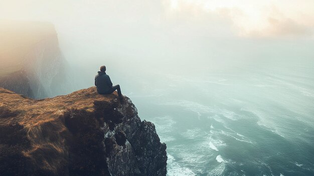 Photo ocean view from cliff man contemplating nature