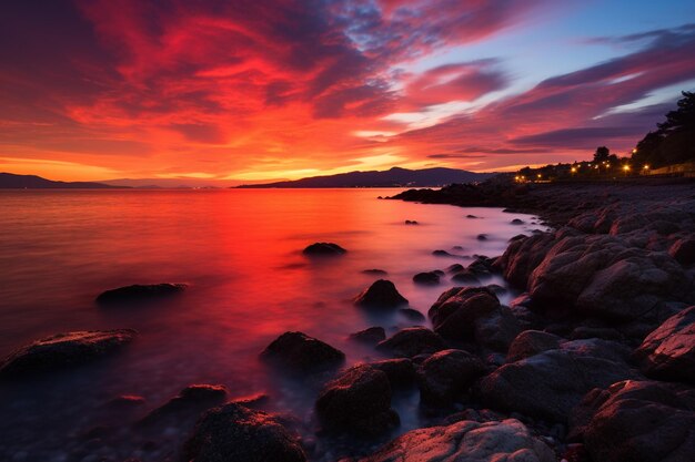 Ocean view with a dramatic and colorful sunset creating a tranquil atmosphere