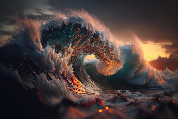 Ocean wave crashing at sunset Stunning sunset on the sea Generative AI