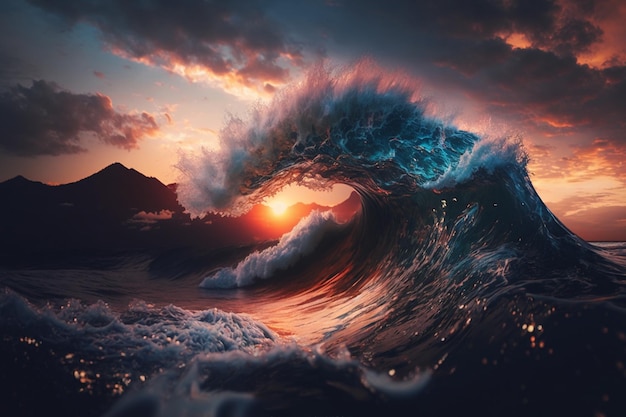 Ocean wave crashing at sunset Stunning sunset on the sea Generative AI