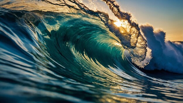 An ocean wave curls over and crashes