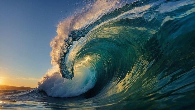 An ocean wave curls over and crashes