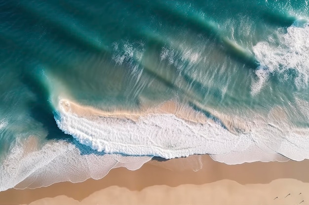 Ocean waves on the beach as a background Beautiful natural summer vacation holidays background Aerial top down view of beach and sea with blue water waves generate ai