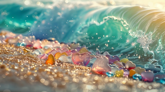 The ocean waves breaking on a beach creating heart shapes in the sand