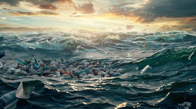 Ocean waves filled with plastic waste under a dramatic sky highlighting the environmental impact of pollution and human negligence