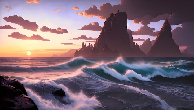 Ocean waves horizon sunset canvas painting wall art powerful waves anime style generative ai for wall arts canvas paintings facebook covers