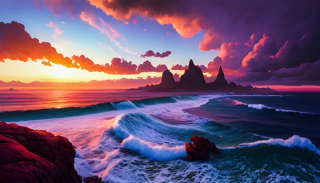 Ocean waves horizon sunset canvas painting wall art powerful waves anime style generative ai