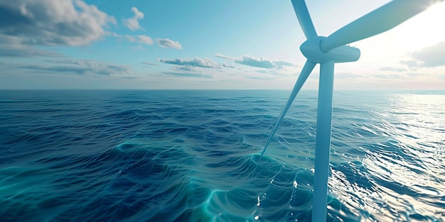 Ocean Wind Farm with Rows of Wind Turbines on Sea Surface Against Blue Sky Renewable Energy Source