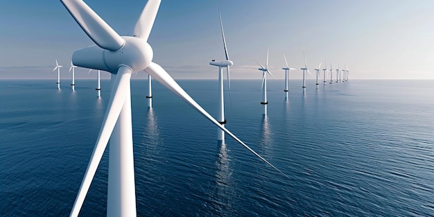 Ocean Wind Farm with Rows of Wind Turbines on Sea Surface Against Blue Sky Renewable Energy Source