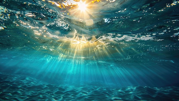 The ocean with sunlight shining through the water