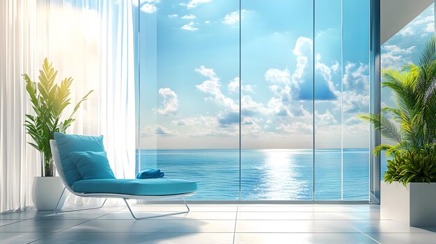 Photo oceanfront balcony view floortoceiling glass window azure blue sky fluffy white clouds sparkling tur