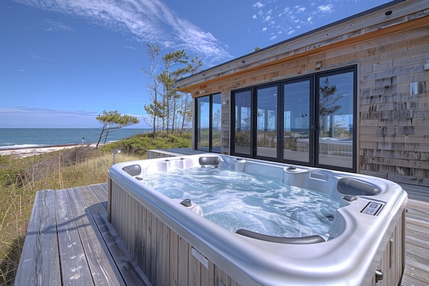 An oceanfront property with a private hot tub and sunset views