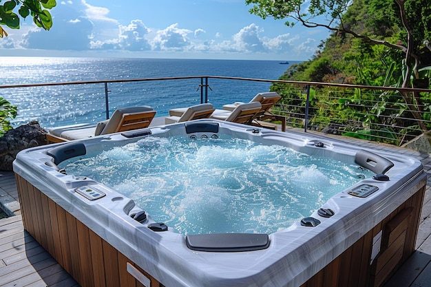 An oceanfront property with a private hot tub and sunset views