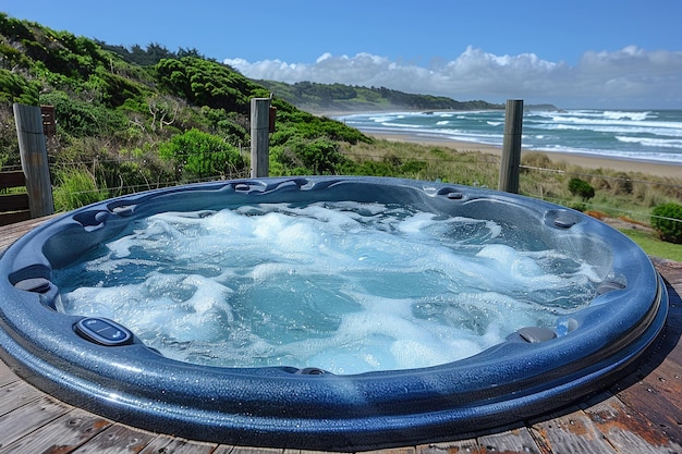 An oceanfront property with a private hot tub and sunset views