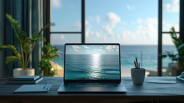 Oceanfront Serene Balcony A Tropical Digital Nomad Workspace with Laptop and Coffee