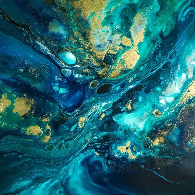 Oceanic Depths Create a fluid art image that features deep shades of blue and green reminiscent of ocean waters Add metallic accents to create depth and shimmer