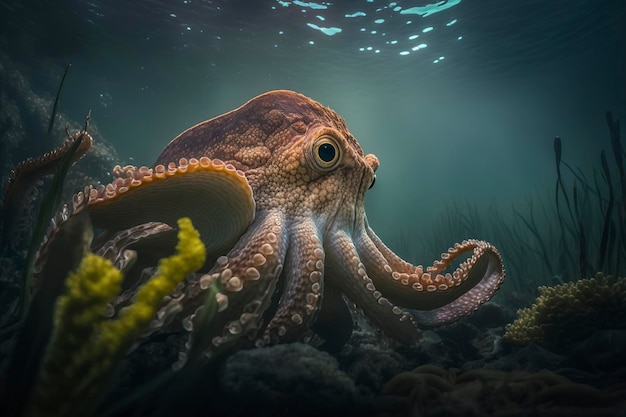 oceanic predatory octopus against a dark ocean background