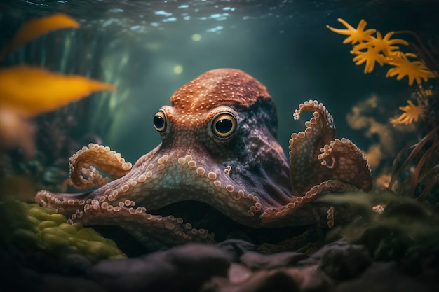 oceanic predatory octopus against a dark ocean background