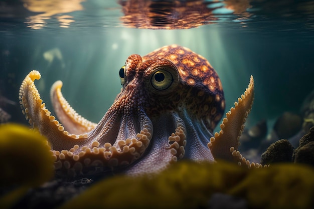 oceanic predatory octopus against a dark ocean background