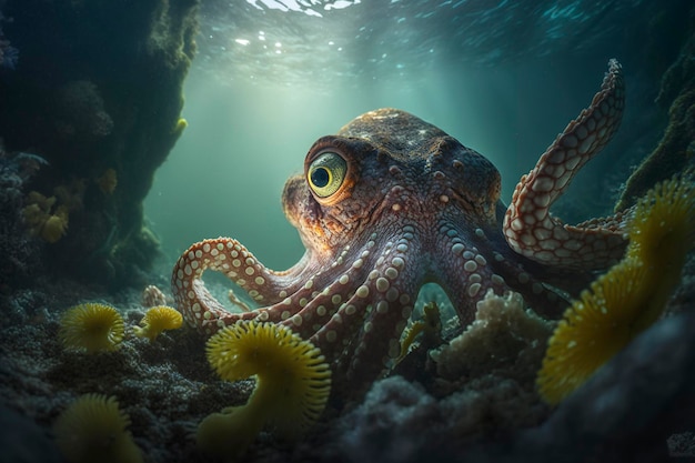 oceanic predatory octopus against a dark ocean background