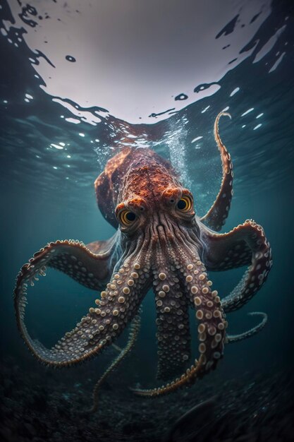 oceanic predatory octopus against a dark ocean background