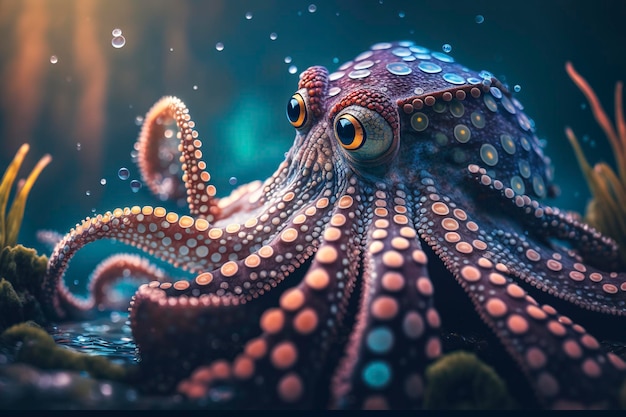 oceanic predatory octopus against a dark ocean background