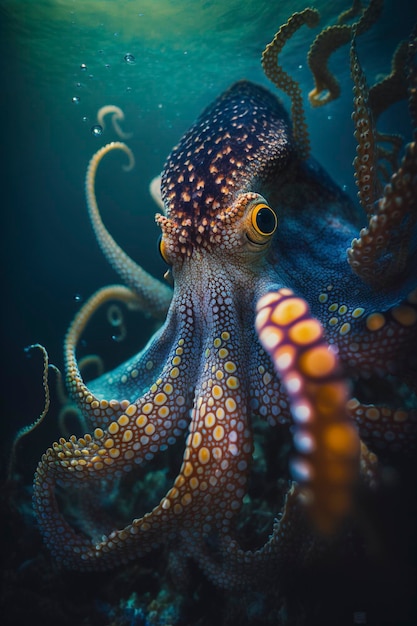 oceanic predatory octopus against a dark ocean background