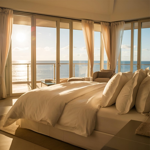 Oceanview Serenity Luxurious resort bed overlooking ocean bathed in golden sunlight