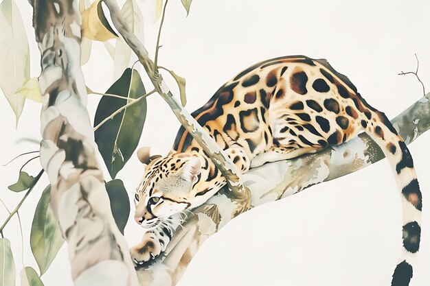 Photo ocelot wild cat spotted feline sleeping on a branch in a tree