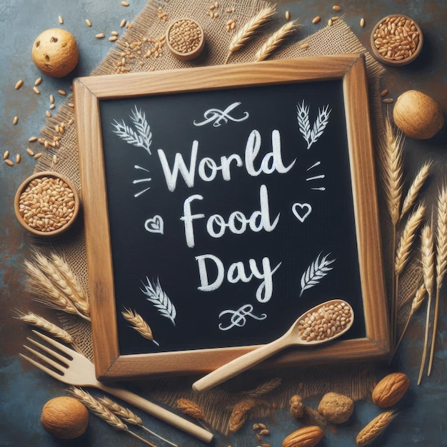 Photo october 16 world food day theme with chalkboard message and wheat grains top view