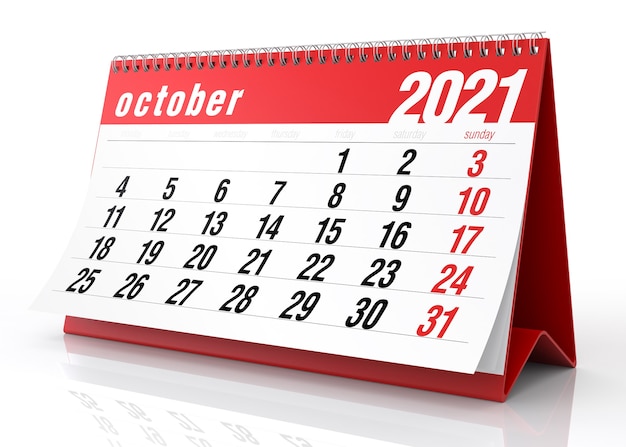 October 2021 Calendar. Isolated on White Background. 3D Illustration