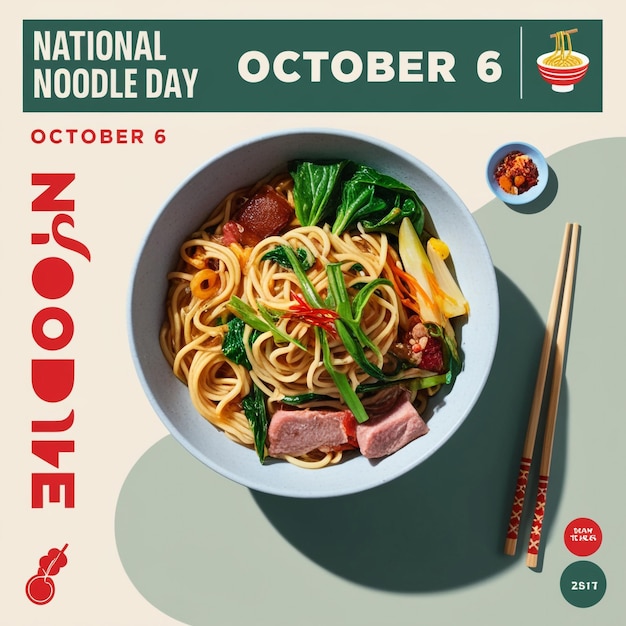 Photo october 6 poster featuring vector noodle bowl icon with tofu and vegetables for national noodle day