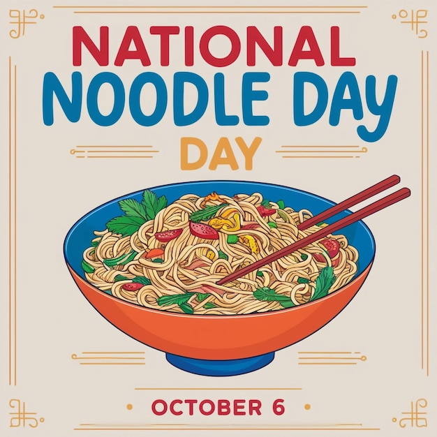 October 6 Poster with Vector Noodle Bowl Icon Featuring Tofu and Vegetables for National Noodle Day