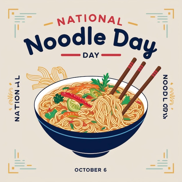 October 6 Poster with Vector Noodle Bowl Icon Featuring Tofu and Vegetables for National Noodle Day