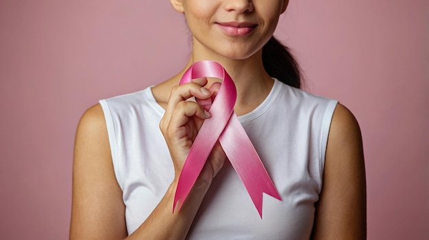 October breast cancer awareness month woman with hand holding pink ribbon for supporting people living and illness Healthcare world cancer day