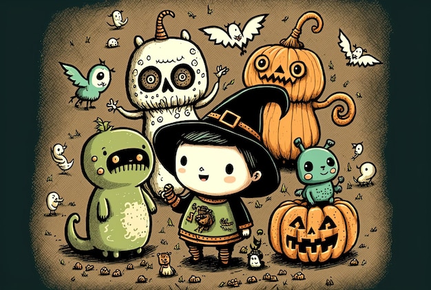 October doodle with spooky Halloween creatures