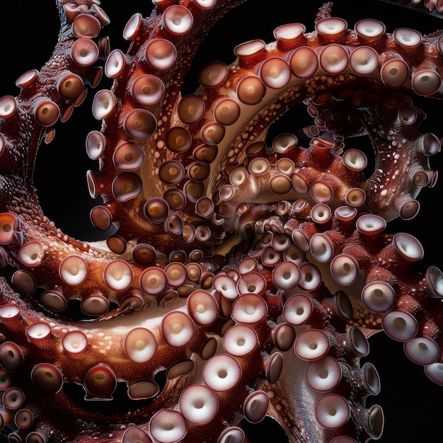 Photo octopus on a black background closeup of octopus tentacles