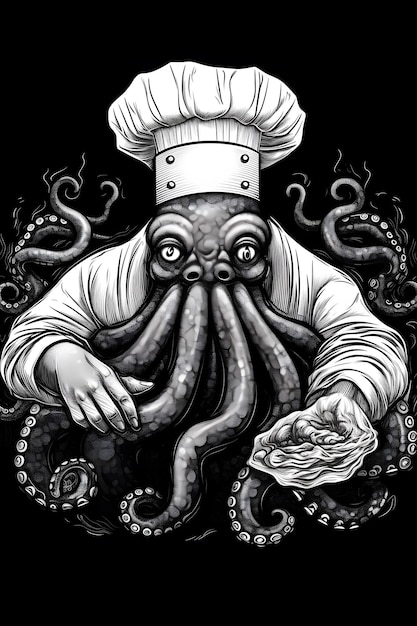 octopus chef 1950 illustration vector art black background