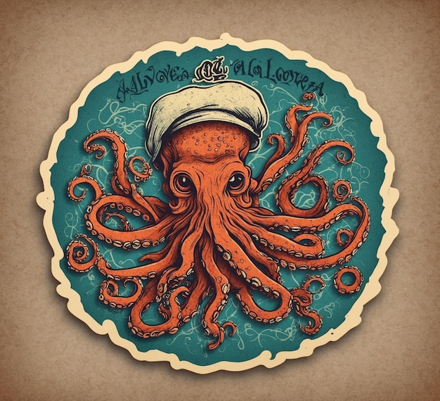 Octopus chef hat vector illustration Handdrawn octopus Vintage style