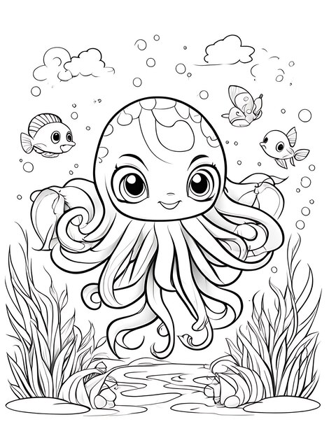 Octopus coloring page coloring drawingwhite background white color ai generated