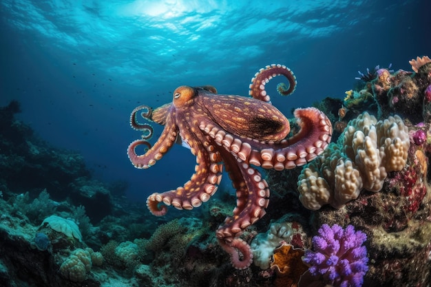 Octopus dancing on colorful reef stunning camouflage generative IA