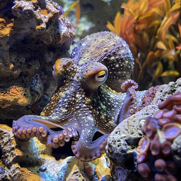 An octopus hiding among rocks and coral