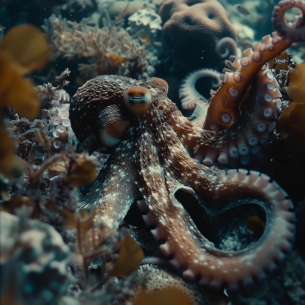 a octopus is in an aquarium with a large amount of coral