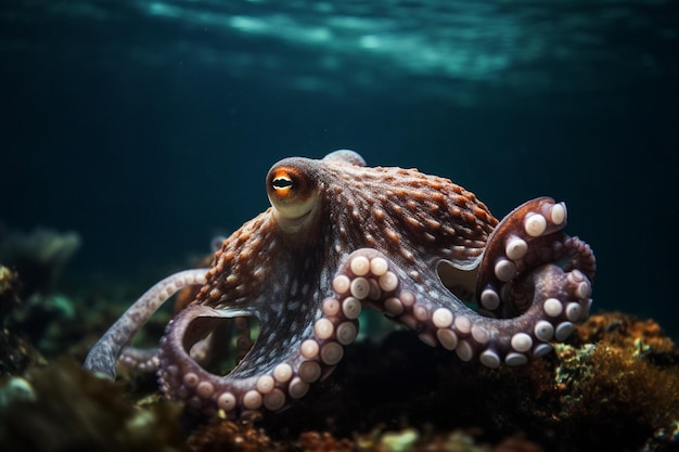 An octopus is seen in an aquarium.