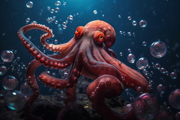 an octopus is swimming in a tank with bubbles