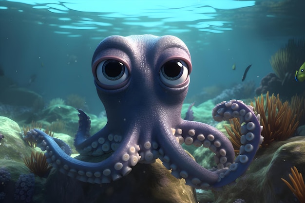 An octopus is on the water with big eyes.