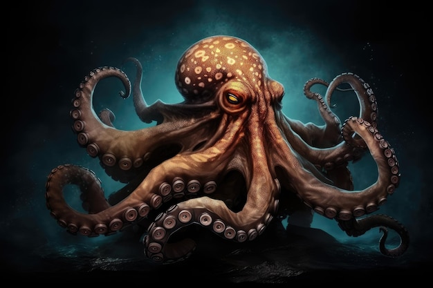 Octopus kraken monster rising from the depths with its eight tentacles ready to prey