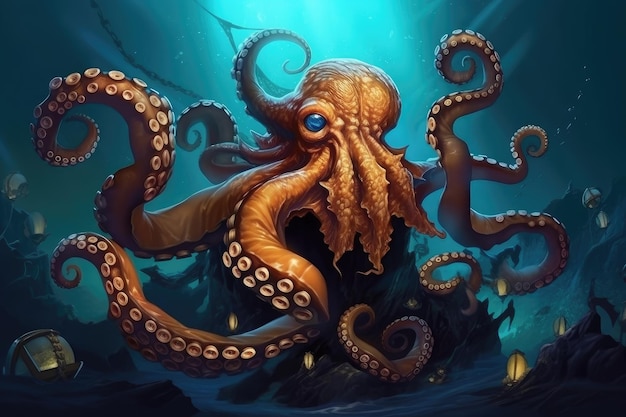 Octopus kraken monster sitting on the ocean floor tentacles wrapped around treasure