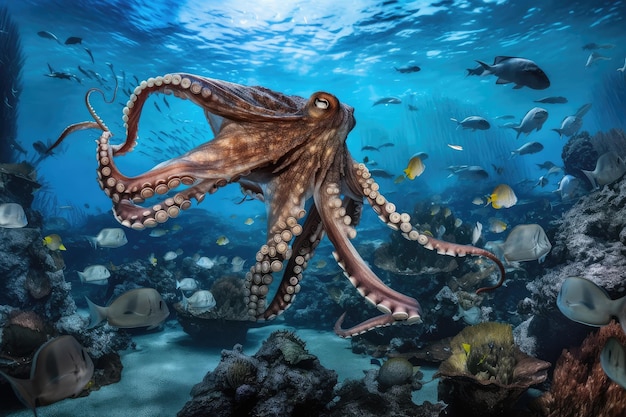 Octopus kraken swimming through depths of ocean with schools of fish in the background